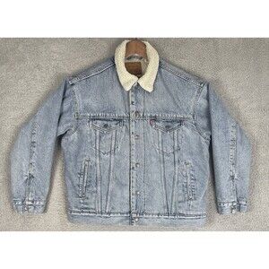 Levis Premium Denim Trucker Jacket Sherpa Lined Big E Mens Small Blue Light Wash